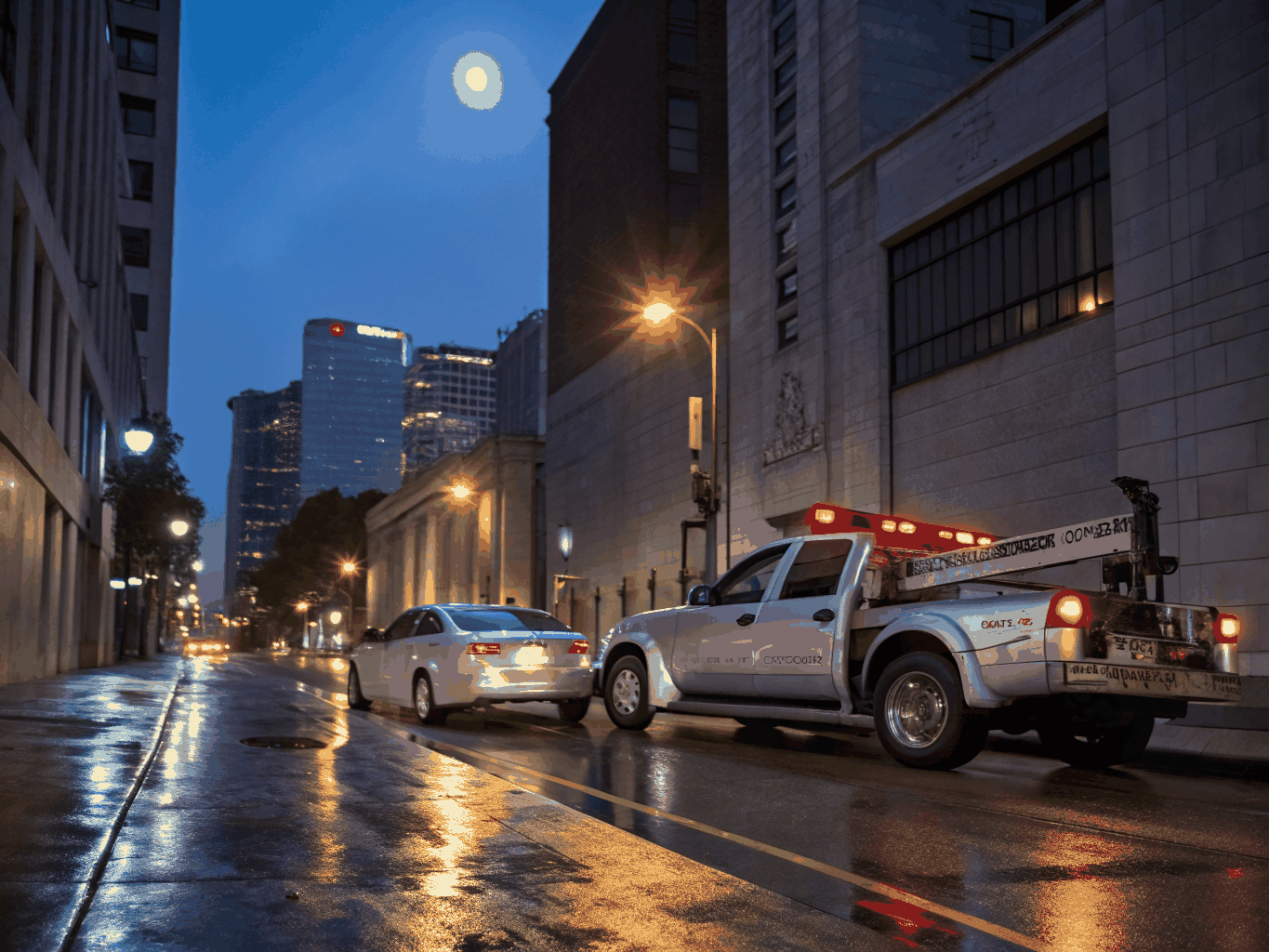 Tire Rescue service van with safety beacons illuminated assisting stranded car on highway shoulder
