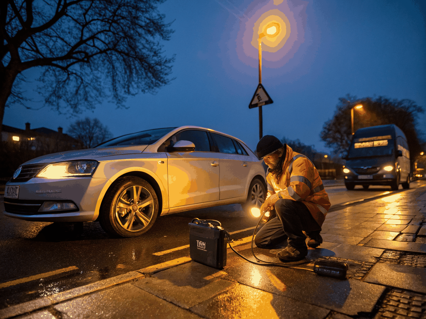 Service technician tightening wheel lug nuts with impact wrench on vehicle spare tire
