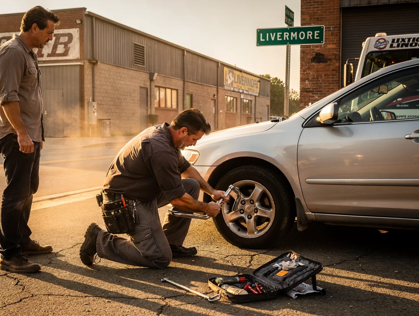 Technician inspecting and repairing flat tire on roadside shoulder with portable equipment