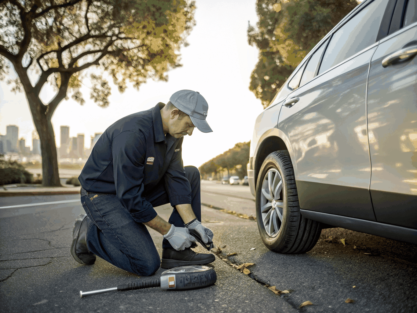 Certified mobile tire technician torqueing lug nuts beside vehicle